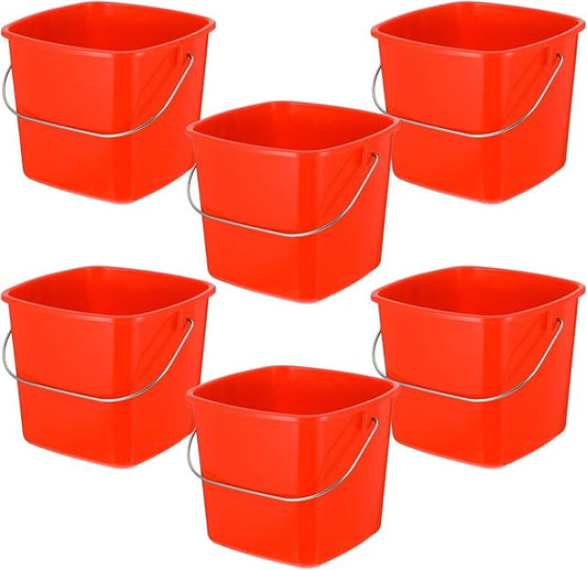 Kifmurase 6 Pcs 3 Quart Plastic Cleaning Bucket, Small Square Detergent Pail with Handles, Utility Bucket for Home, Office, Kitchen, School, Commercial Use,（Red）