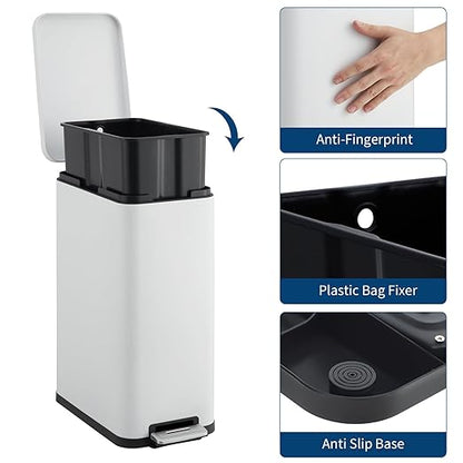13-Gallon Kitchen Trash Can, 50-Liter Slim Stainless Steel Pedal Trash Bin, Pedal Trash Can with Soft-Close Lid, Fingerprint-Resistant, with Removable Inner Bucket, Suitable for Small Spaces, White