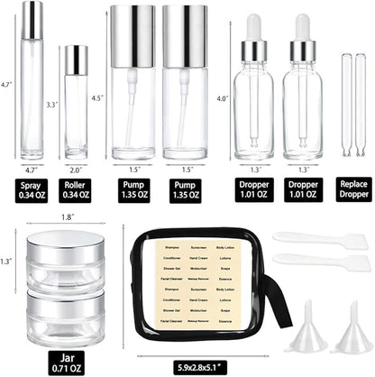 18Pack Glass Travel Bottles for Toiletries, TSA Approved Glass Travel Containers 1.35/0.7/1 oz Silver Small Travel Bottles with Label, BPA Free Leak Proof with Pump Spray Bottles for Makeup, Skincare