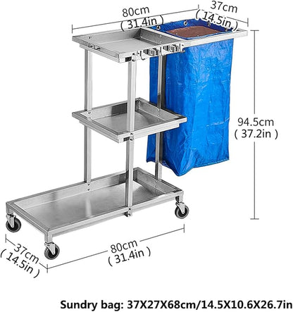 Stainless Steel Commercial Janitorial Cart,360°with Wheels Rolling Janitorial Cart Stainless Steel,3-Shelf Shelves and Vinyl Bag Housekeeping Cleaning Cart (200 Lbs)