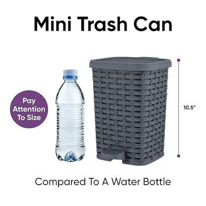 Superio Mini Trash Can with Foot Pedal Small Outdoor Garbage Can with Lid, 1.5 Gallon Plastic Waste Basket for Bathroom, Bedroom, Kitchen, Office, Patio (Wicker Grey 6 QT.)