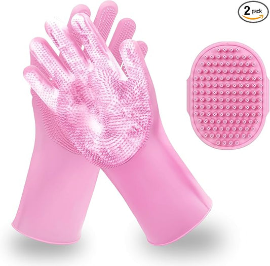 2 Piece Pink Pet Bath Supplies with Dog Washing Gloves and Dog Bath Scrubber