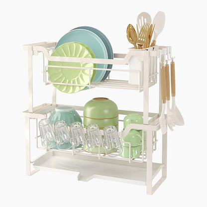 Dish Rack with Drainboard, Organizes Dishes and Bathroom Items for Narrow Spaces, Two-Story Drying Rack Fits 12 Plates 12 Bows 5 Glasses 4 Hooks and Some Cutlery, White