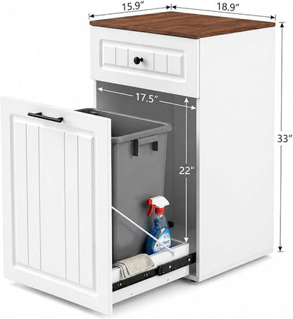13 Gallon Pull Out Trash Can Cabinet with Drawer, Hidden Kitchen Garbage Cabinet, Freestanding Modern Farmhouse Waste Bin Furniture, White
