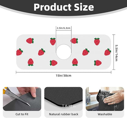 Strawberry Print Strawberries Kitchen Sink Splash Guard Faucet Mat Super Absorbent Fast Drying Mat Sink Gadgets-Fast Drying Pad Sink Mat For Kitchen Bathroom (15" X 5.5" )