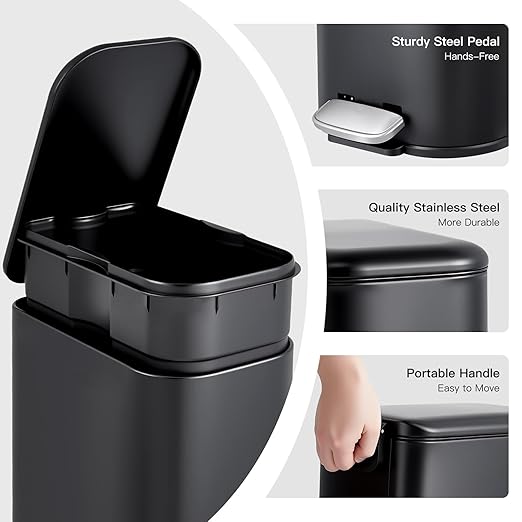 GlowSol Bathroom Trash Can with Lid, 3.2 Gallon 12 L Stainless Steel Step Trash Can with Removable Liner Bucket, Slim Small Wastebasket for Toilet Bedroom Office, Black