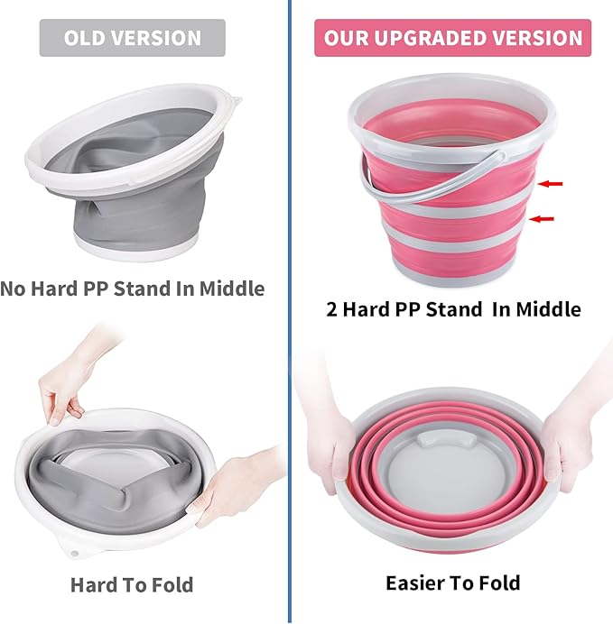 Collapsible Bucket 10L 2.6 Gallon Cleaning Bucket Mop Bucket Folding Foldable Portable Small Plastic Water Supplies for Outdoor Garden Camping Fishing Car Wash Space Saving Pink