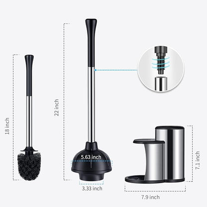 HAMITOR Toilet Plunger and Bowl Brush Set: 2 in 1 Stainless Steel Heavy Duty Toilet Cleaner Plunger with Holder Combo for Bathroom Cleaning - Modern Hideaway Bathroom Accessories with Caddy Stand