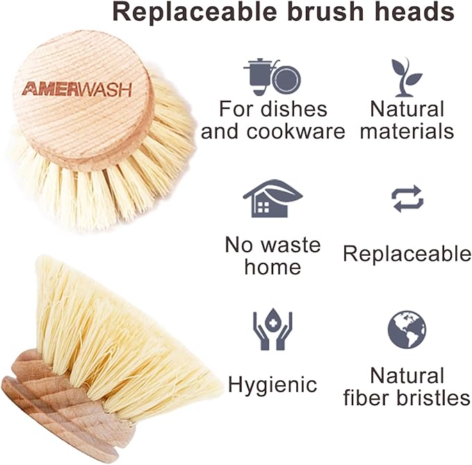 AMERWASH PLUS Classic Dish Brush Replacement Head 3 Packs, Natural Bristle Tampico Fiber for All Purpose Cleaning, Kitchen Scrubber