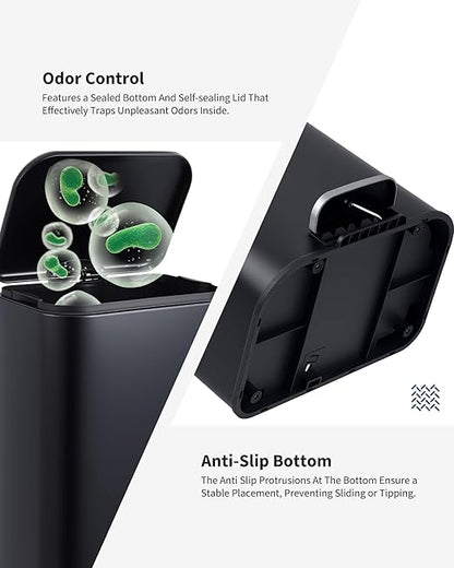 OUTLANE Bathroom Trash Can with Lid Soft Close, Step Pedal, 30 Liter / 8 Gallon Kitchen Trash Can,Stainless Steel Trash Bin for Bedroom, Office, Kitchen, Black