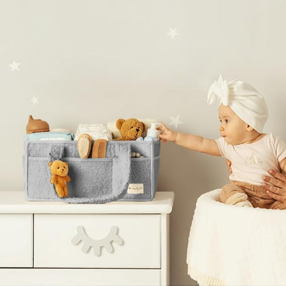Sweety Fox Baby Diaper Caddy Organizer with Handle - Portable Sherpa Nursery Basket - Car Diaper Organizer, Cleaning Caddy, Gift for Baby Shower - Grey