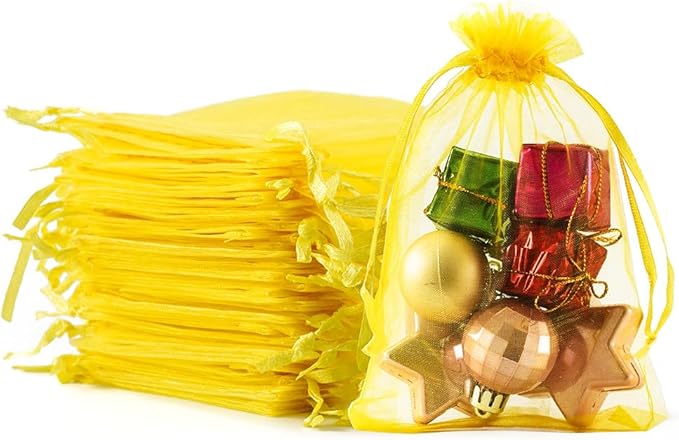 Meowoo 100PCS Organza Bags, 4x6in Small Mesh Bags Drawstring, Mesh Gift Bags Drawstring for Jewelry, Candy, Christmas, Sachets, Festivals, Bathroom Soaps, Makeup Organza, Wrapping Supplies(yellow)