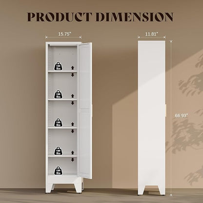 67" H Broom Closet Storage Cabinet,Metal Cleaning Cabinet,Narrow Storage Cabinets with 4 Adjustable Shelves,Slim Tall Floor Cabinet