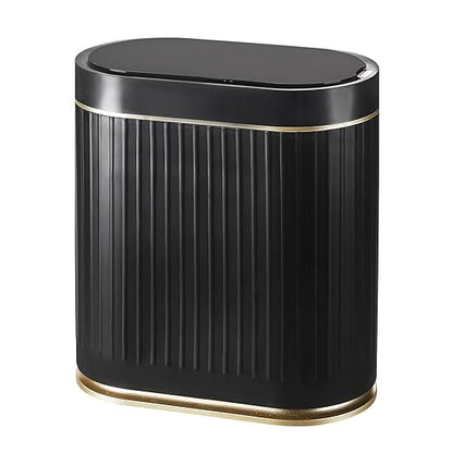 SYNCVIBE Bathroom Sensor Trash Can with Lid Automatic 2 Gallon Small Sensor Garbage Bin, 7.5 Liter Motion Sensor Smart Rubbish Bin Bathroom Decor, Slim Waterproof Plastic Garbage Can, Black Gold
