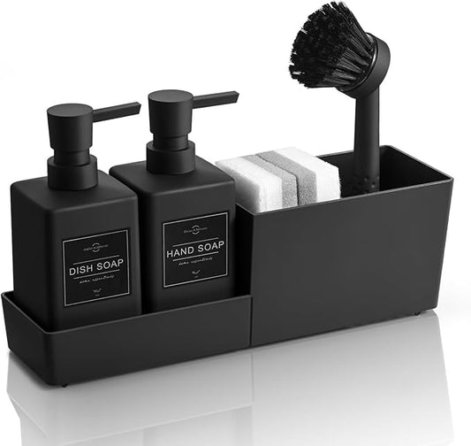 Kitchen Soap Dispenser Set with Sponge Holder and Brush for Sink Rack Hand Soap and Dish Soap Dispensers Black 4-in-1