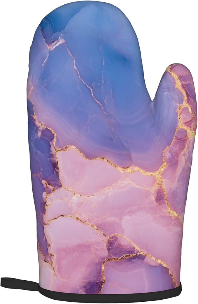 Oven Mitt and Pot Holders Sets - Marble Kitchen Mitts Decorative Purple Pink Oven Gloves Hot Pads Set of 2 for Cooking Baking Grilling