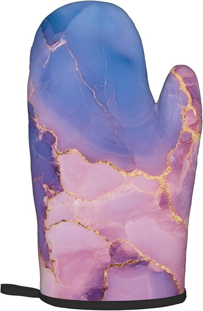 Oven Mitt and Pot Holders Sets - Marble Kitchen Mitts Decorative Purple Pink Oven Gloves Hot Pads Set of 2 for Cooking Baking Grilling