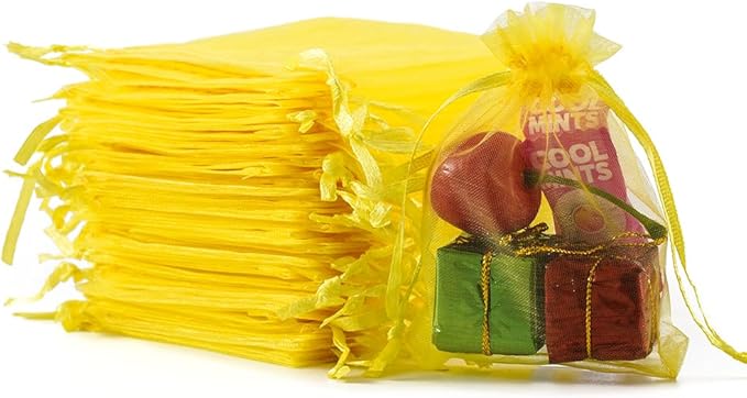 Meowoo 100PCS Organza Bags, 3x4in Small Mesh Bags Drawstring, Mesh Gift Bags Drawstring for Jewelry, Candy, Christmas, Sachets, Festivals, Bathroom Soaps, Makeup Organza, Wrapping Supplies(yellow)