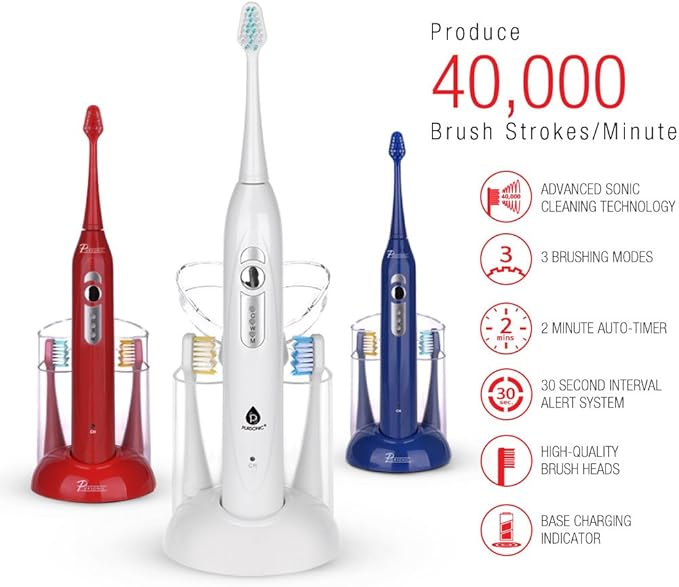 Pursonic S430 Power Rechargeable Sonic Toothbrush: 40,000 Strokes Per Minute, 12 Brush Head Replacements & Toothbrush Set Included - Blue