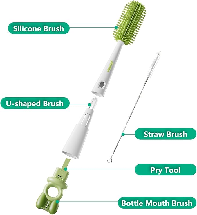 Detachable 5-in-1 Bottle Cleaning Brush Set - Silicone Baby Bottle Brush Cleaner Kit with Nipple Brush, Detail Brush & Straw Brush, Portable Long Handle Bottles Scrubber Cleaning Tool