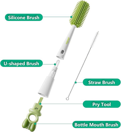 Detachable 5-in-1 Bottle Cleaning Brush Set - Silicone Baby Bottle Brush Cleaner Kit with Nipple Brush, Detail Brush & Straw Brush, Portable Long Handle Bottles Scrubber Cleaning Tool