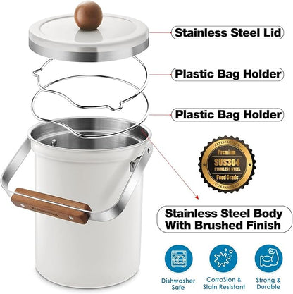 WAGENSTEIGER Kitchen Countertop Compost Bin 101ounces / 3Liters, Airtight Lid SUS304 Stainless Steel Odor-Free Food Waste Bin with Wooden Handle Stylish Design/Bathroom Trash Can (White)