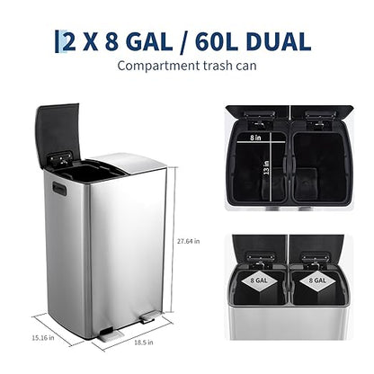 Garvee 16 Gal Dual Trash Can for Kitchen, Stainless Steel Garbage Can with Soft-Close Lids & Pedals, 60L Double Compartment Recycling Bin with Removable Inner Buckets for Office Commercial Use, Silver