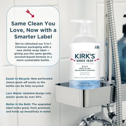 Kirk's Original Fresh 3-in-1 Nourishing Cleanser, Shampoo Body Wash Bubble Bath, Coconut Oil and Aloe Vera, Vegan Non-GMO, 32 Fl Oz, Pack of 2