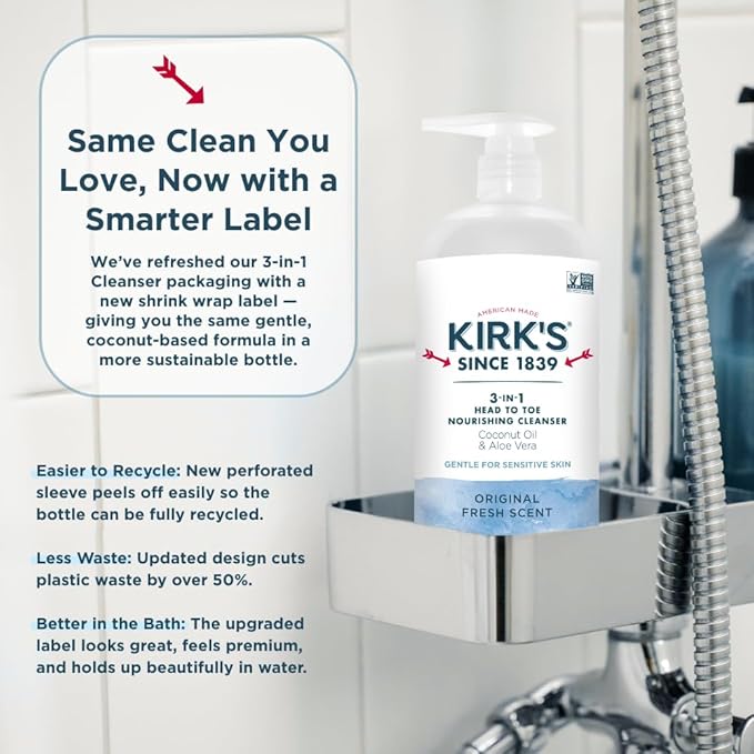 Kirk's Original Fresh 3-in-1 Nourishing Cleanser, Shampoo Body Wash Bubble Bath, Coconut Oil and Aloe Vera, Vegan Non-GMO, 32 Fl Oz