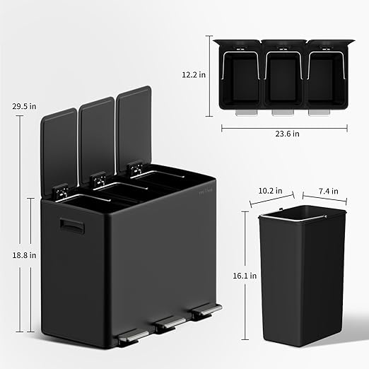 mVm 3 Compartment Trash Can, 12 Gal (3 x 4Gal) Triple Trash Can with Double Layer Lids, Modern Kitchen Office Garbage Can（Black）