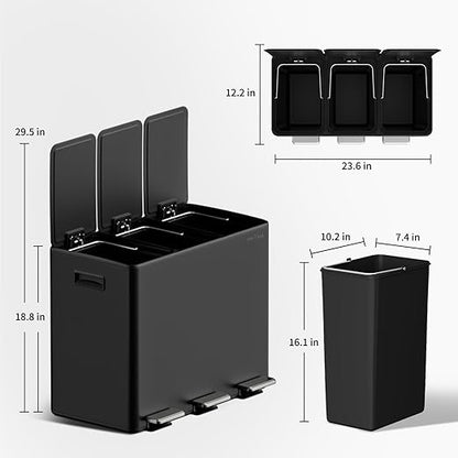 mVm 3 Compartment Trash Can, 12 Gal (3 x 4Gal) Triple Trash Can with Double Layer Lids, Modern Kitchen Office Garbage Can（Black）
