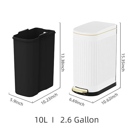 KSSKSS 2.6 Gallon Slim Bathroom Trash Can with Soft Close Lid, 10L Stainless Steel Garbage Can with Removable Liner Bucket, for Narrow Spaces, Bathroom, Bedroom (White)