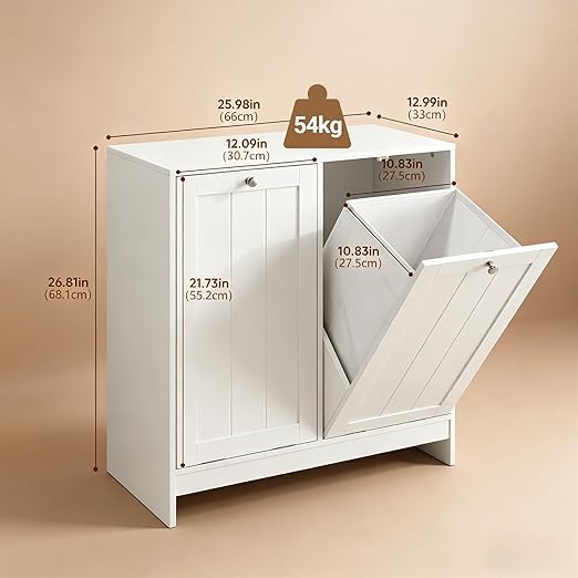 Tilt Out Trash Can Cabinet, Hidden Trash Can Cabinet with 2 Removable Bags, Double Laundry Hamper Cabinet, Narrow Storage Organizer for Kitchen, Bathroom, and Bedroom White DJ BZR001