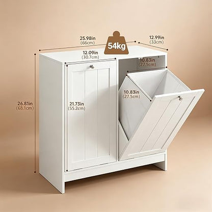Tilt Out Trash Can Cabinet, Hidden Trash Can Cabinet with 2 Removable Bags, Double Laundry Hamper Cabinet, Narrow Storage Organizer for Kitchen, Bathroom, and Bedroom White DJ BZR001