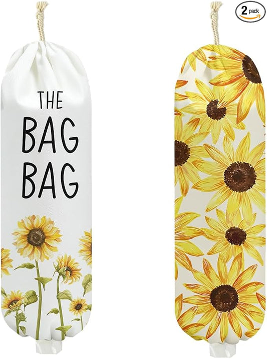 2Pcs Sunflowers Plastic Bag Holder 22.5x9 Inch, Wall Mount Grocery Bag Holder for Plastic Bags, Summer Floral Reusable Grocery Bags Storage Dispenser for Home Kitchen Decor, Sunflower Gifts for Women