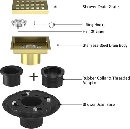 EXF Square Shower Drain 4-3/8 Inch Brushed Gold, Stainless Steel Shower Floor Drain Kit with ABS Flange, Removable Cover Grid Grate, Hair Strainer