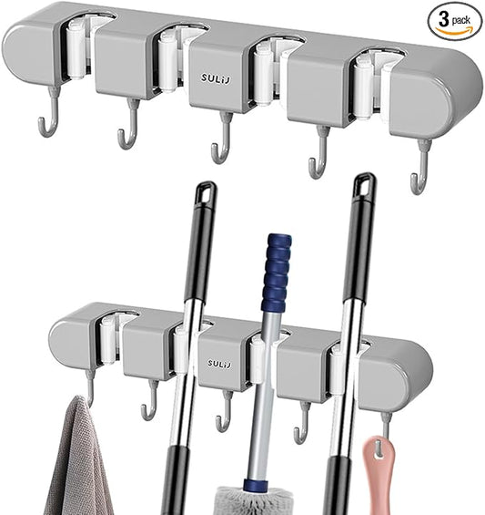 2Pcs Broom Holder Wall Mount, No-Drilling Self-Adhesive Mop and Broom Storage Rack with Hooks (4 Racks with 5 Hooks), Wall-Mounted Broom Hanger for Bathroom, Kitchen, Closet, Garage (Grey)