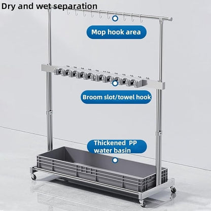 Stainless Steel Floor-Standing Mop and Broom Holder, Mobile Cleaning Supplies Organizer with Double Poles and Wheels, Freestanding Cleaning Caddy for Kitchen, Bathroom or Utility Room(Blue,67cm/26.4in