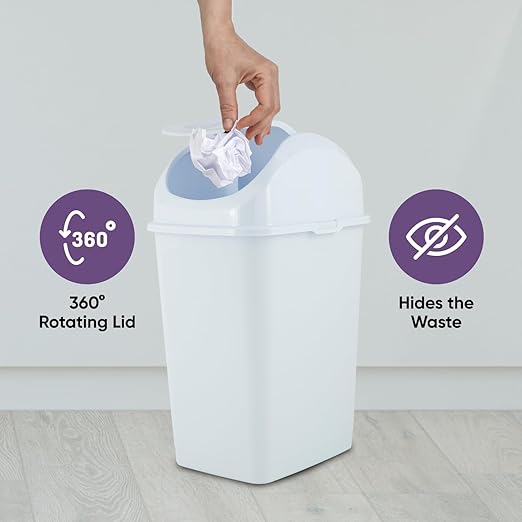 Superio Medium Trash Can with Lid 4.5 Gallon Plastic Swing Top Garbage Can Slim Waste Bin for Under Sink/Cabinet, Laundry Room, Kitchen, Office, Bedroom, Bathroom, College Dorm, 18 Qt, White, 2