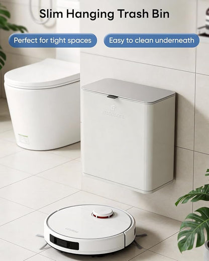 Kitchen Compost Bin, 8L/2.1G Small Trash Can with Lid, Slim Stainless Steel Hanging Garbage Bin for Kitchen, Bathroom, Bedroom, Office, Wall Mounted Compost Bin with Inner Bucket, White