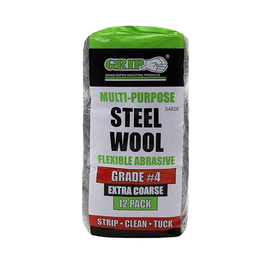 Grip Multi-Purpose Steel Wool Flexible Abrasive 12 Pack (Extra Coarse #4) - Strip Paint, Varnish, Lacquer, Shellac, Rust - Clean Rough Metal, Stoves, Engines, Heavy Machinery - Home, Garage, Workshop