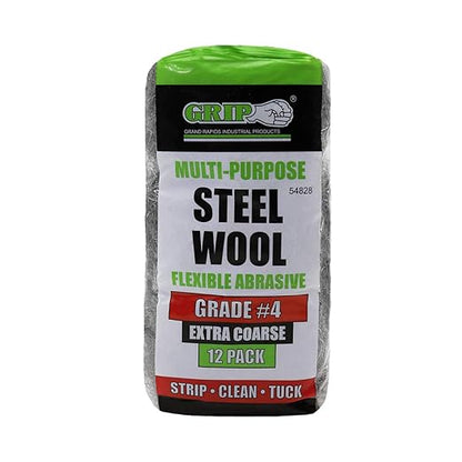Grip Multi-Purpose Steel Wool Flexible Abrasive 12 Pack (Extra Coarse #4) - Strip Paint, Varnish, Lacquer, Shellac, Rust - Clean Rough Metal, Stoves, Engines, Heavy Machinery - Home, Garage, Workshop