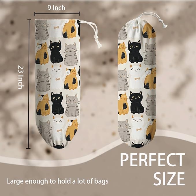 Cat Plastic Bag Holder, Reusable Shopping Bags Storage Dispenser, Lovely Cats Fabric Garbage Trash Bag Dispenser for Home Kitchen Pantry Cabinet, Wall Mount, Kitchen Housewarming Gifts