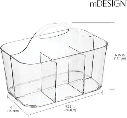 mDesign Plastic Portable Craft Storage Organizer Caddy Tote, Divided Basket Bin w/Handle - Craft, Sewing, Art Supplies - Holds Brushes, Colored Pencils - Lumiere Collection - Clear, 2 Pack