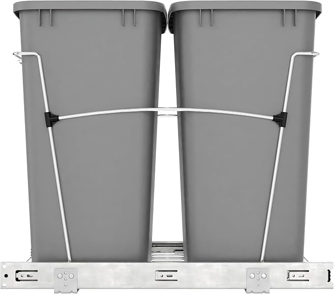 Rev-A-Shelf Double 35 Qt Pullout Trash Can for Base Kitchen Cabinets, Garbage Waste Bin System with Full-Extension Slides, Min Opening Width of 14.5", Silver, RV-18KD-17C S