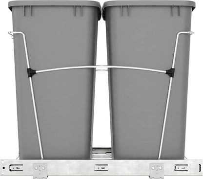 Rev-A-Shelf Double 35 Qt Pullout Trash Can for Base Kitchen Cabinets, Garbage Waste Bin System with Full-Extension Slides, Min Opening Width of 14.5", Silver, RV-18KD-17C S