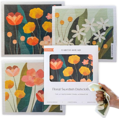 Swedish Dishcloths – Wildflower Garden Floral Designs – Reusable Compostable Cellulose Sponge Cloth – Eco-Friendly Paper Towel Alternative 3 Pack