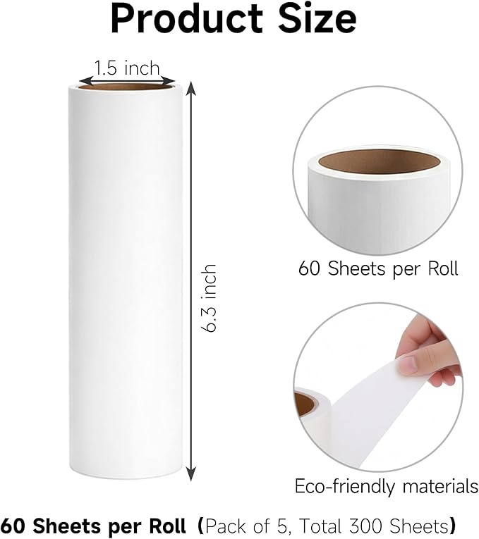 5 Pack 6.3 Inch Lint Roller Refills, 60 Sheets Per Roll - 300 Total Sheets | Sticky Adhesive Lint & Pet Hair Remover for Clothes, Furniture, Car Seats & Bedding (5, 6.3 Inch)