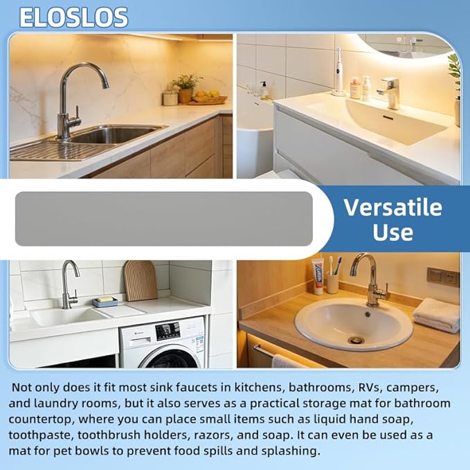 2Pcs 30"L x 5.5"W Customizable Sink Faucet Mat for Kitchen Sink 2 Holes & 3 Holes, DIY Cut for Oval/Rectangle/Square Faucets, Extra Long Quick-Drying Absorbent Splash Guard Counter Protector, Gray