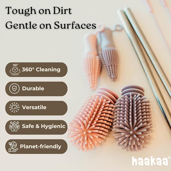 Haakaa Silicone Cleaning Brush Kit – Household Cleaning Brushes for Bottles and Crevices – Food-Grade Silicone: Dishwasher Safe (Kit-Lime)